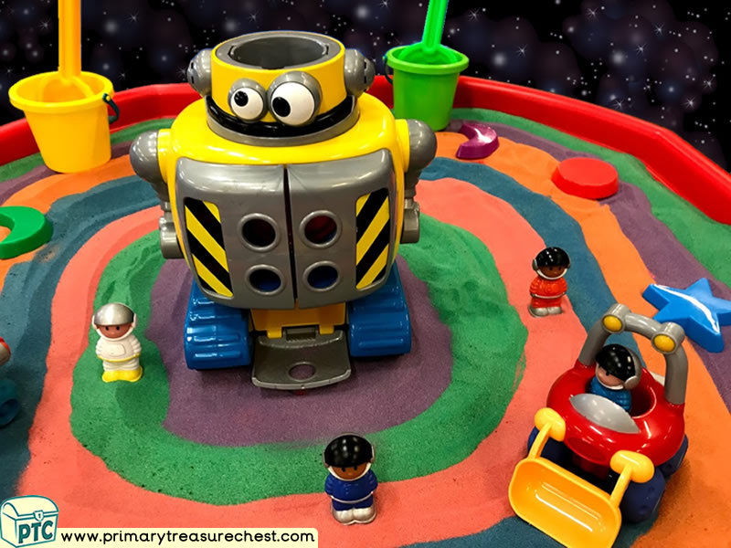 Space - Astronauts - Aliens - Robot Themed Coloured Sand Multi-sensory Tuff Tray Ideas and Activities